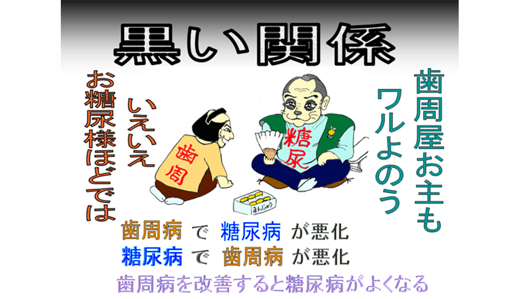 「黒い関係」歯周病で糖尿病が悪化。糖尿病で歯周病が悪化。歯周病を改善すると糖尿病がよくなる。